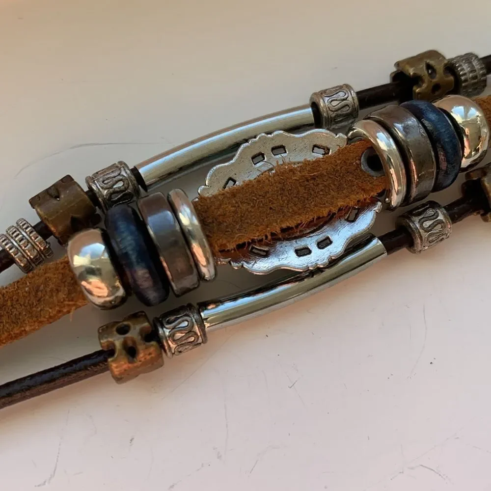 Rugged Western Boho Multi-Strand Bracelet, Faux Turquoise & Brown Leather